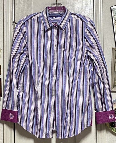 Robert Graham Women’s L Vibrant Striped Embroidered Contrasting Hued Blouse - Picture 4 of 24