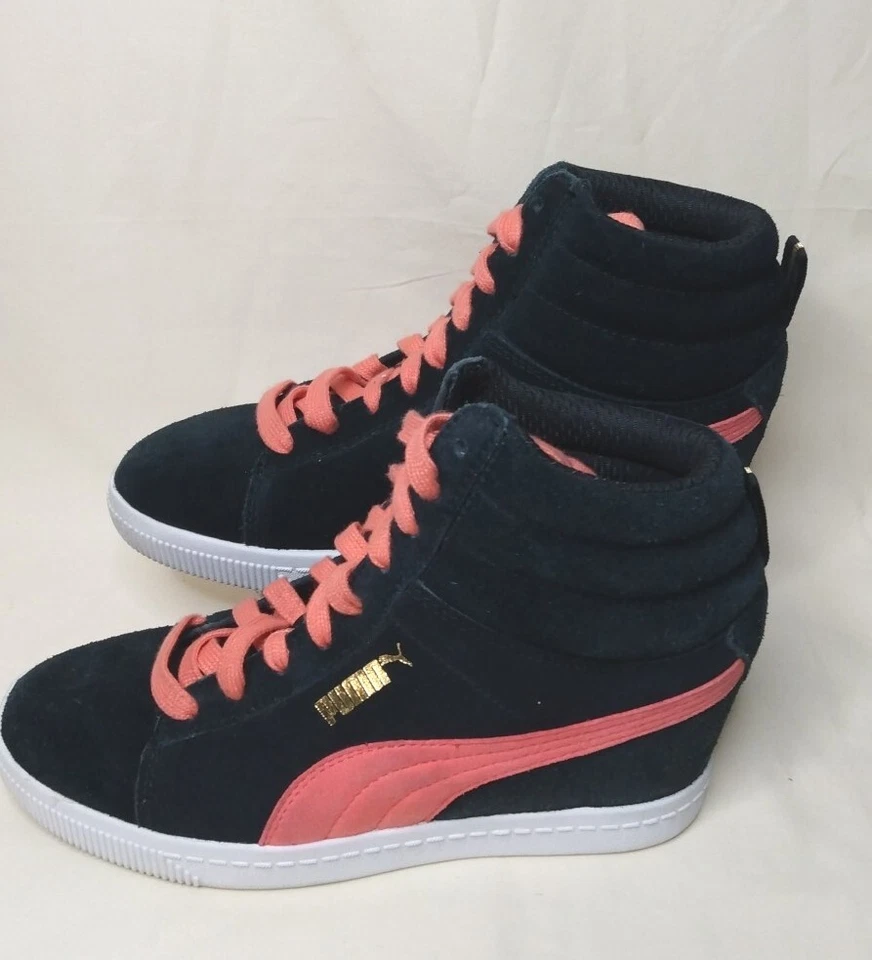 Кроссовки Puma размер 7 черные замшевые с розовыми и золотыми акцентами высокий верх на шнуровке! - Изображение 2 из 4