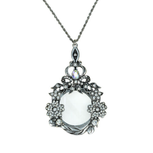 Long Chain Necklace Magnifying Glass Crown Lucky Clover Pendant Rhinestone Gift - Picture 2 of 12