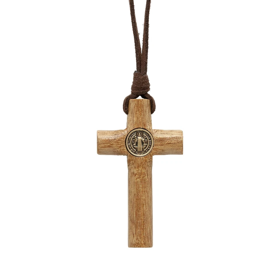 Cruz de Madera Crucifijo San Benito Collar Cuero Cordón Hombres Mujeres Ajustable Foto 4 de 4