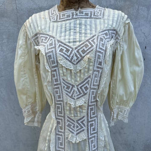Antique Edwardian Light Yellow & White Lace Dress Maxi Wedding Tea Gown Vintage - Picture 2 of 24