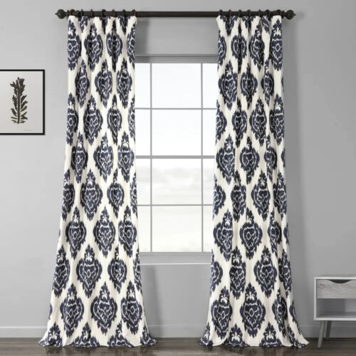 Exclusive Fabrics 50x108 Navy Blue White Ikat Print Curtain Panel Room Darkening