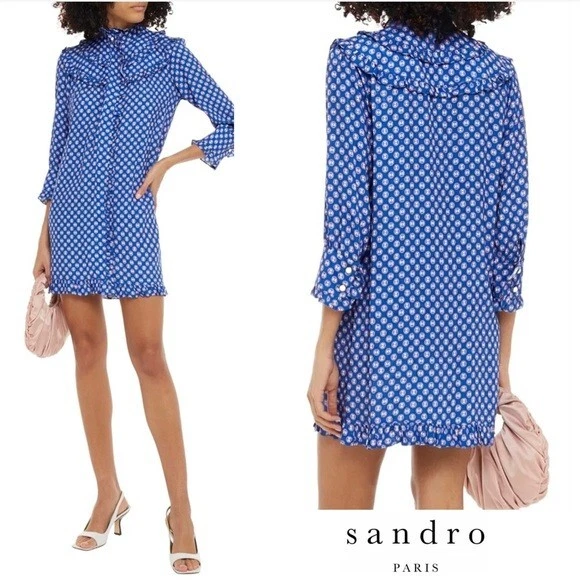 Sandro Womens Abstract Print Mini Ruffle Blue Geometric Dress Size