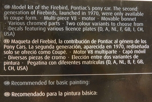 1/24 Revell US 1970 Pontiac Firebird w/ 455 V8 Engine Level 4 Kit # 07672 - Picture 5 of 5