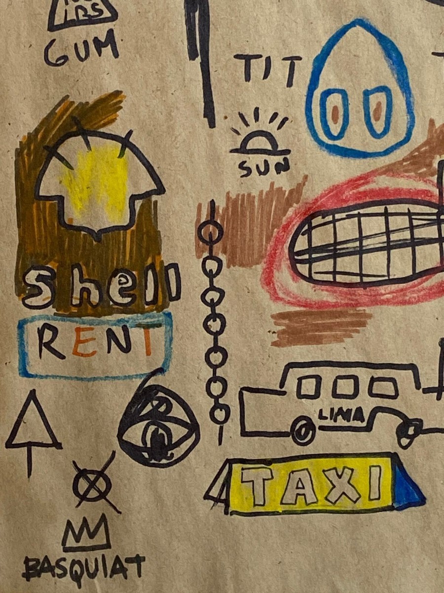 Jean-Michel Basquiat (Handmade) Drawing On old Paper Signed