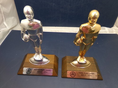 2 Vintage Football Trophies , 1974 PP&K, age 8, 2nd & 3rd Place, 8.5"