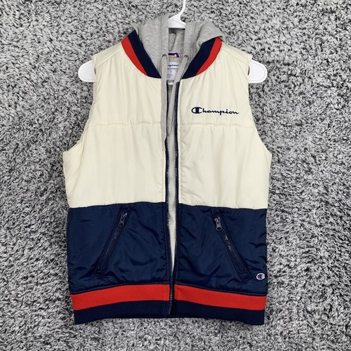Champion Hooded Vest Jacket Womens XS MISSING ZIPPER Cream Blue Red Puffer - 第 1/13 張圖片