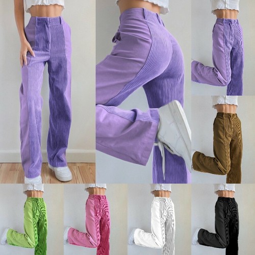 Women's Corduroy Splice Pants Trousers Straight Leg High Waist Loose Casual