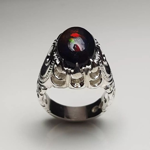 Natürlicher Äthiopien echter großer feuerheißer schwarzer Opal mehrfarbiger Stein Silberring - Bild 1 von 6