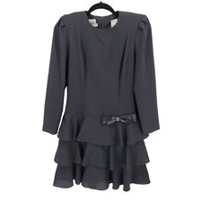Leslie fay Womens size 4 black tiered ruffle satin bow dress vintage Union tag