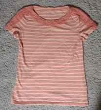 Talbots Petite Pink White Stripe Top Crochet Neckline  Short Sleeve P