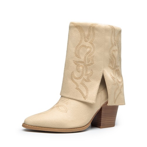 Women Fashion Western Cowboy Booties Chunky Block Heel Pull On Mid Calf Boots - Picture 2 of 24