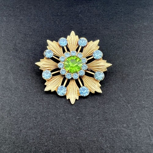 Vintage Rhinestone Brooch Star Flower Snowflake Blue Green Silver tone Textured - Picture 3 of 12
