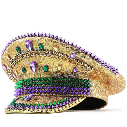 Men Gold Sequin Rhinestones Military Captain Hat Festival Disco Party Cap Retro - Picture 2 of 7