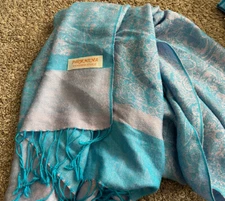 Women Pashmina Silk Blend Scarf Shawl Purple  Blue Floral Fringe