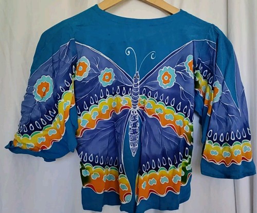 Earth Harmony  Used Girls L Handmade Indonesian Batik Butterfly top Blue Boho - Picture 1 of 7