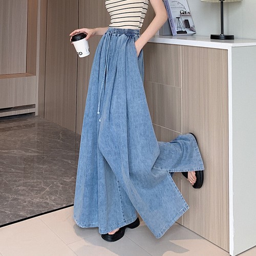 Women Elastic Waist Loose Fashion Denim Wide Legs Long Pants Jeans Slit Trousers - Picture 7 of 21