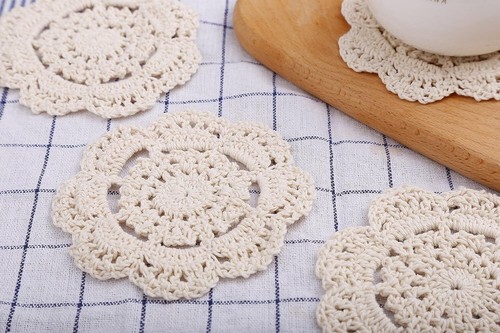 Set of 8 Vintage Cotton Crochet Lace Coasters Round Cup Mat Pads Flower Doily - Picture 8 of 59