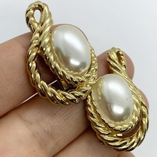 VTG BLUETTE FRENCH PEARL CABOCHON GLASS GOLD ROPE SHOE CLIPS SIGNED
