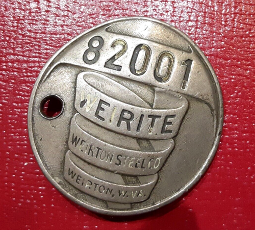 (pgasteelers1) Weirton, WV. Weirton Steel Co./ Employee Badge #82001 holed🌠 - Afbeelding 1 van 3