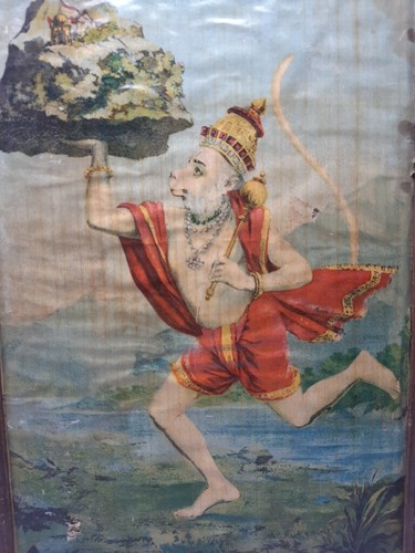 Vintage Old Lithograph Print Of Hindu Devotee Bajrangbali Hanuman Frame 15 x 11" - Picture 2 of 5