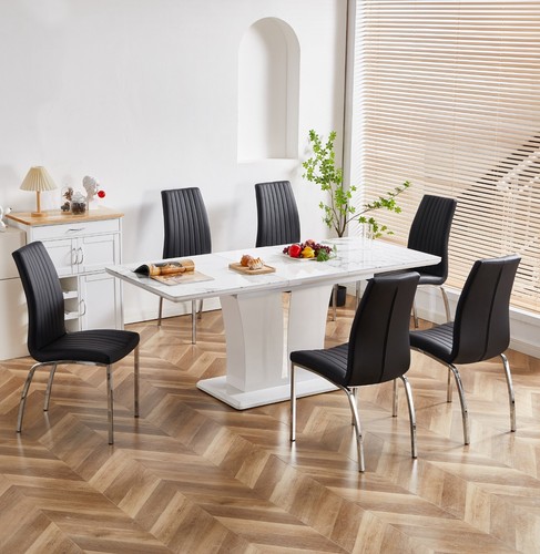 Dining Table Set Extending Grey/White Marble Effect Glass 6 Faux Leather Chairs - Picture 138 of 162