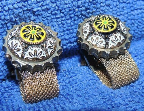 Vintage Paar Manschettenknöpfe Manschettenknöpfe mit Netzstreifen Etrusker Stil Perlen emailliert - Bild 1 von 9