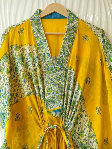 Algodón Caftán Amarillo Largo Caftans Traje Maxi Túnica Mujer Bata CFN1111