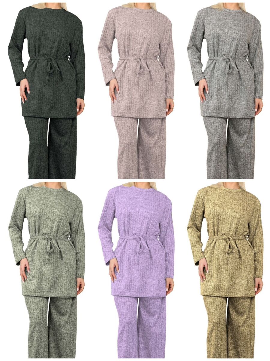 Women s 2pc Needle Ribbed Loungewear Set Ladies Belted Modest wear Pyjamas Set
