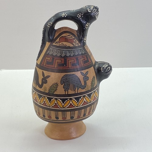 Vintage Cusco Peru Art Pottery Chicha Jaguar Llamas Jug Pitcher HandPainted 7.5” - Picture 3 of 11