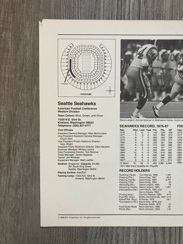 1988 NFL Seattle Seahawks Team Photo/Stats Sheet Steve Largent Knox Bosworth - Picture 5 of 6