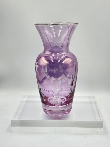 Pink lustre crystal vase etched fushias flowers czechoslovakia - Picture 10 of 10