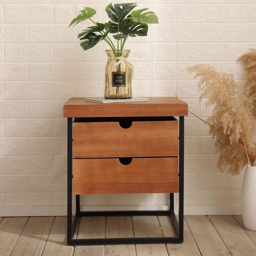 Lamp Side Table 2 Storage Drawers Metal Frame Solid Wood Home Fully Assembled - Picture 3 of 6
