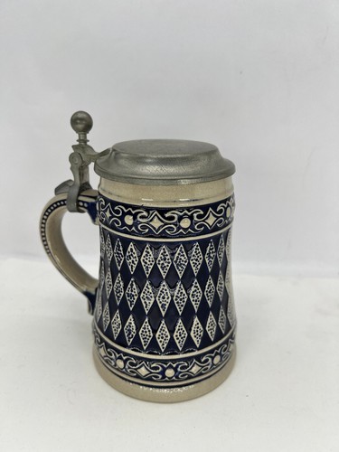 Beer Stein Blue white Tankard Zurich 6" German Pewter Lid Bayern Ceramic - Picture 3 of 9