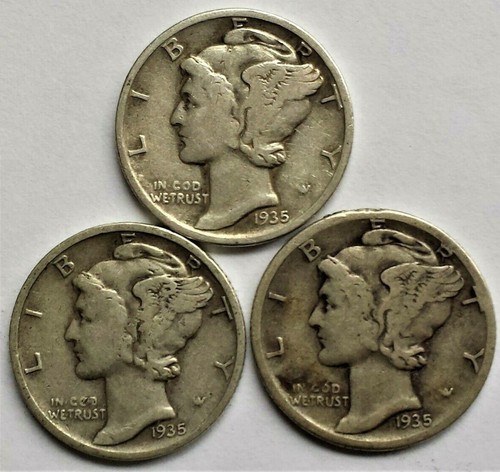 1935 PDS three Mercury Dimes circulated 90% Silver Very Good VG to Very Fine VF - Picture 1 of 2