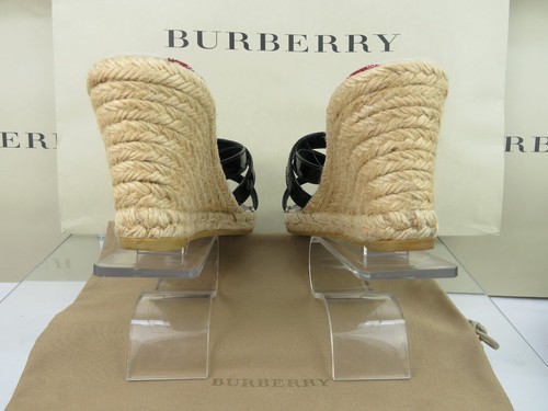 BURBERRY BLACK PATENT LEATHER CHECK LOGO SLIDE JUTE ESPADRILLE SANDALS 40 10 - Picture 8 of 14