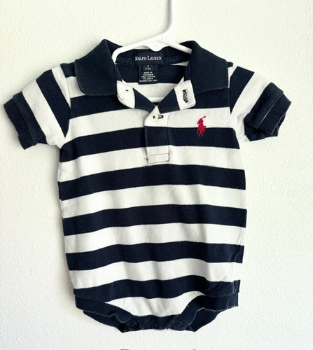 Mameluco Polo Ralph Lauren cuello niño rayas azules y blancas con broches de presión 3/6 meses - Imagen 1 de 3