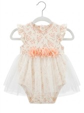 Ivory Pink Floral Tulle Ruffle One-Piece Sleeveless Round Neck Bodysuit