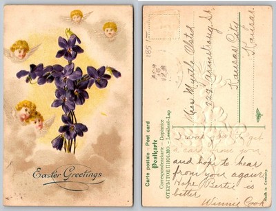 Easter Greetings Violets Cross Cherubs Postcard Kansas City 1908 German
