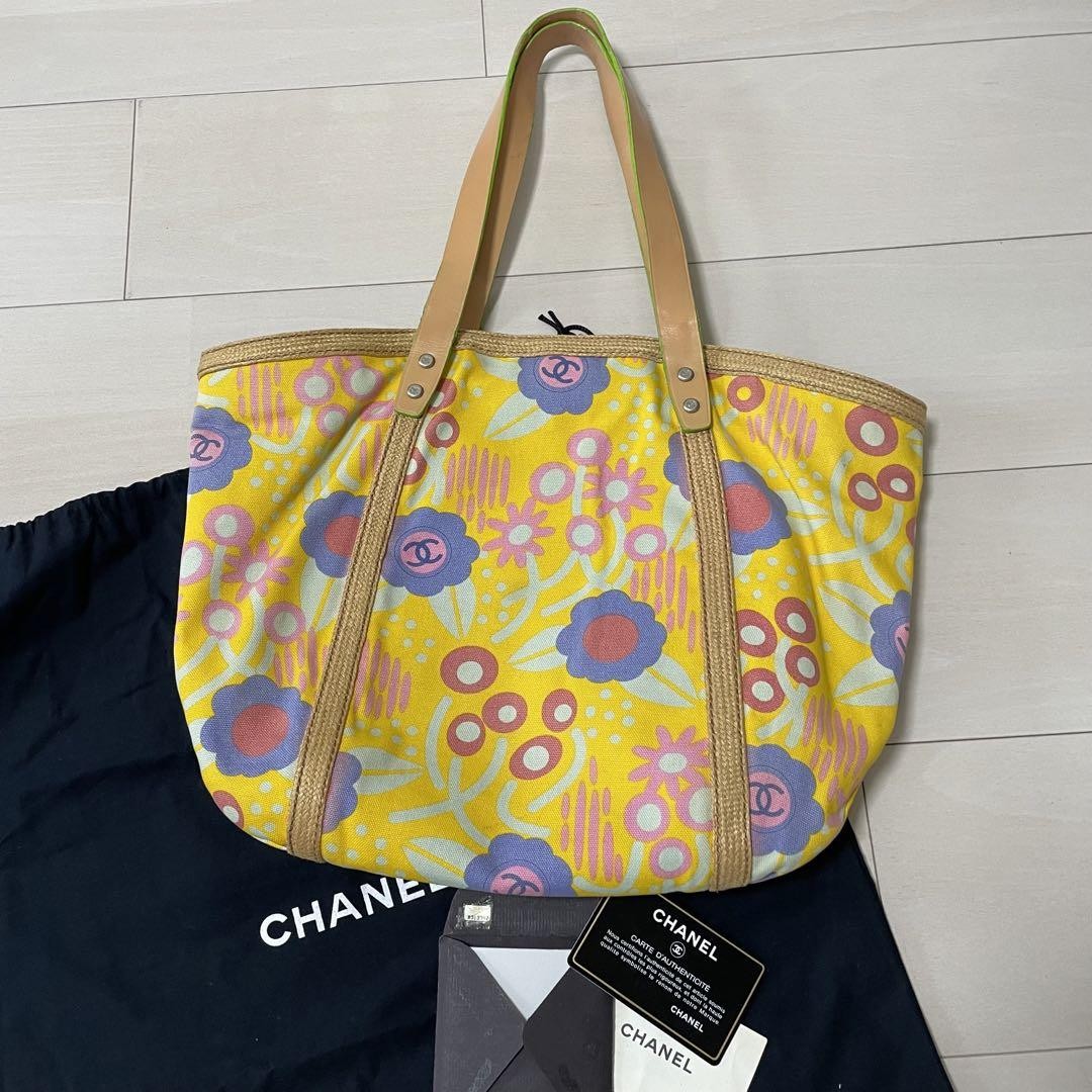 Chanel Large Canvas Tote Bag with Flower Print and Leather Trim Preowned