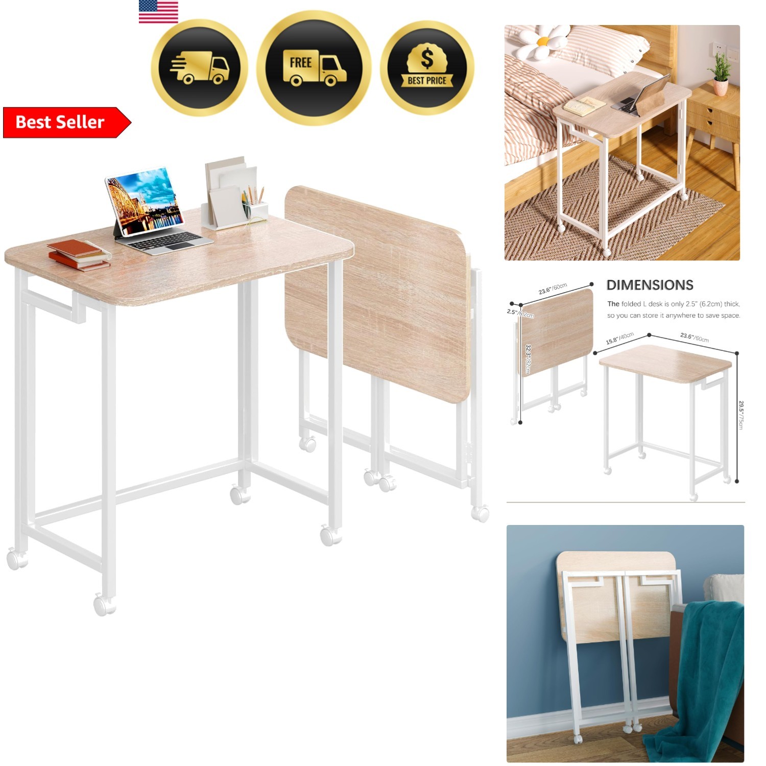 Portable Folding Computer Desk Small Space Office Table With Wheels