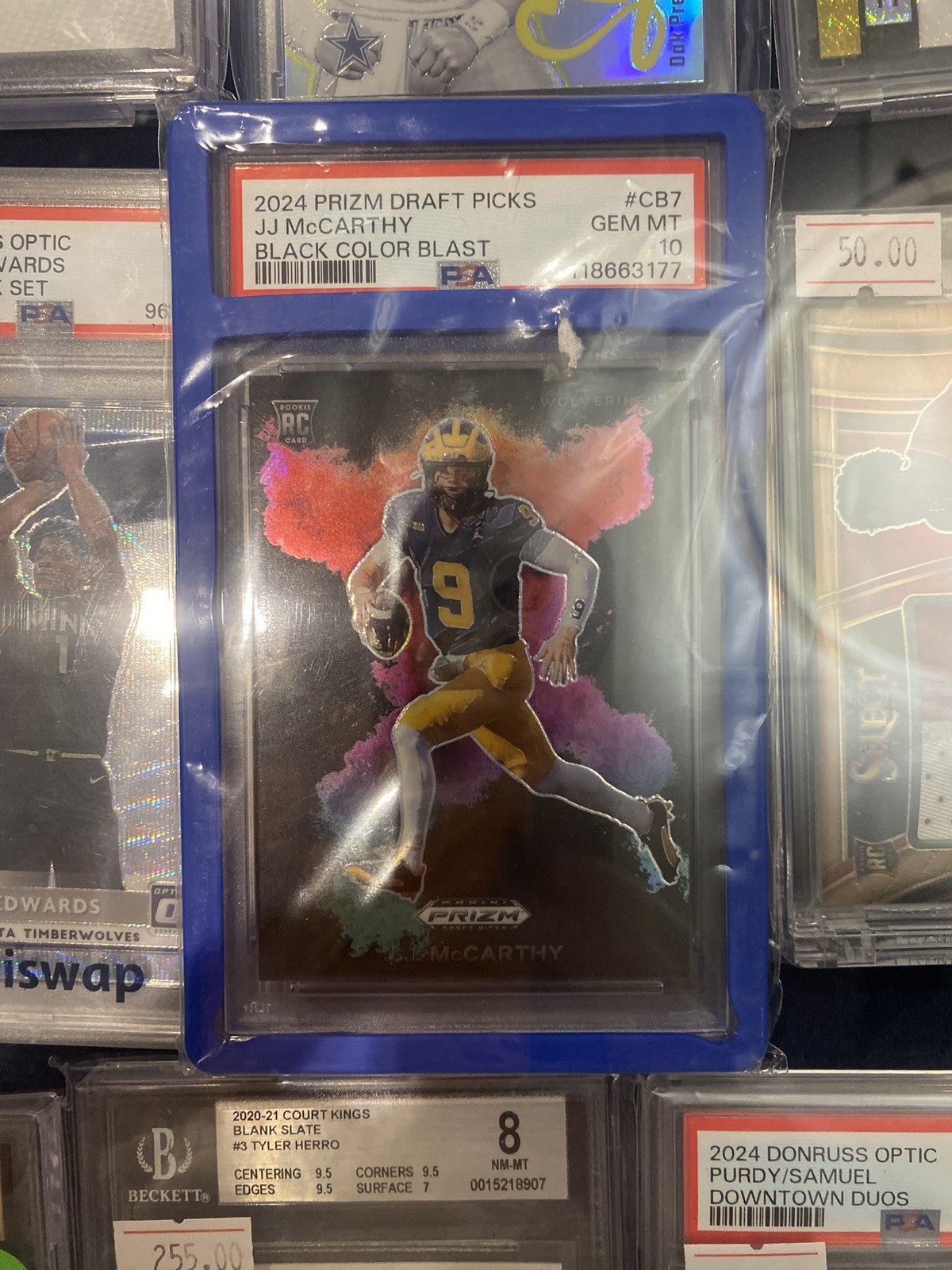 2024 PANINI PRIZM DRAFT PICKS BLACK COLOR BLAST #CB7 JJ MCCARTHY PSA 10