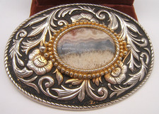 VTG LARGE WESTERN STYLE BELT BUCKLE STONE CENTER