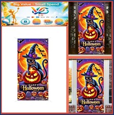 Halloween Door Cover 35x71 Inch Black Cat Witch Hat Pumpkin Polyester Indoor