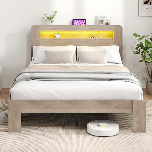 Wood Queen Bed Frame with Headboard, LED Lights, Charging Station with 2 USB - Picture 8 of 8