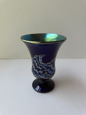 Steven Glass Art Signed Blue Iridescent Seascape Wave Footed Art Glass Vase 2000