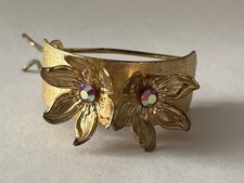 Vintage Gold Tone Floral Barrette Aurora Borealis Rhinestone Hair Clip 2.5  60  s