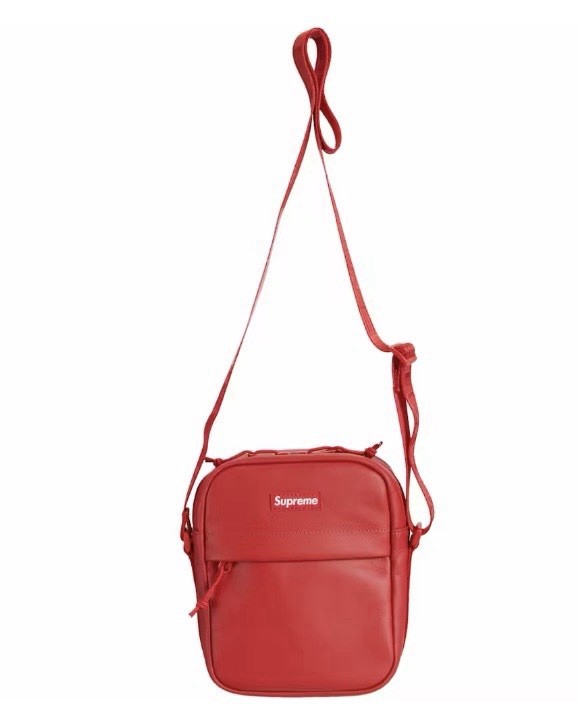 Supreme Red Leather Zip Shoulder Bag for Men Casual Solid Pattern