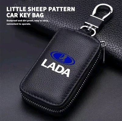 Black Leather Car Key Case Wallet Holder Zipper Keychain Cover For Lada