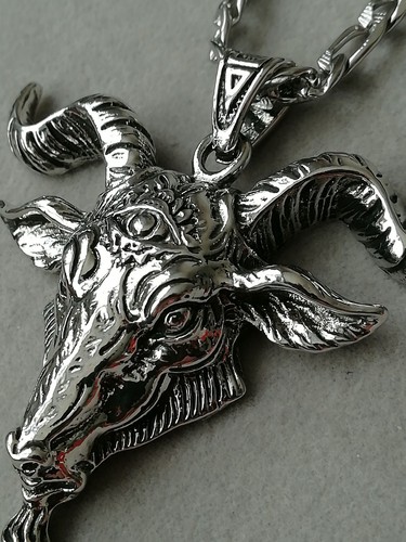 Baphomet Anhänger Mit Halskette Silber Pentagramm Ziege Ziegenkopf Hörner Satan - Bild 4 von 7